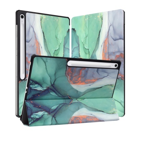 Husa tableta pentru Samsung Galaxy Tab S10 FE Plus, SKYDDAR INNOVATION, cu suport Multi-Unghi si functie Sleep/Wake, FoldPro, Green time, set cu sticker