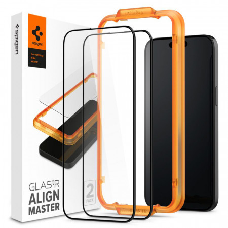 [SET 2x] Folie iPhone 15, Spigen Glass.TR Align Master - Negru
