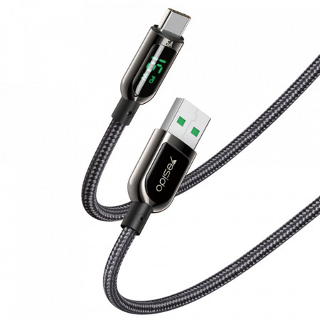 Cablu de date din Nailon cu display, USB la Type-C, 66W, 5A, 1.2M, Yesido (CA-85) - Negru