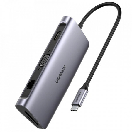 HUB Type-C la 3x USB-A 3.0, HDMI 4k@30Hz, VGA, RJ45 5Gbps, SD / TF Card Reader, Type-C PD 100W, Ugreen (40873) - Gri