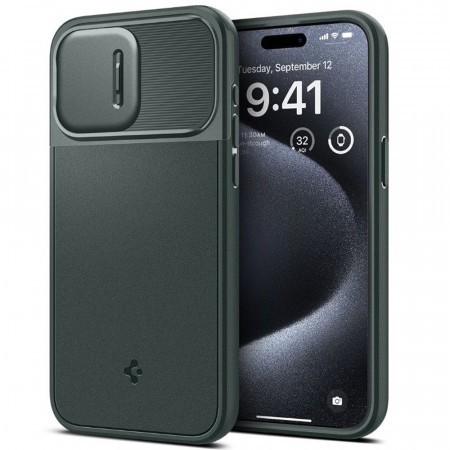 Husa iPhone 15 Pro, Spigen Optik Armor - Abyss Green