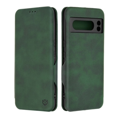 Husa pentru Google Pixel 8 Pro, SKYDDAR INNOVATION, Safe Wallet tip carte din Piele Ecologica, Suport Carduri, Inchidere Magnetica, Verde, set cu sticker