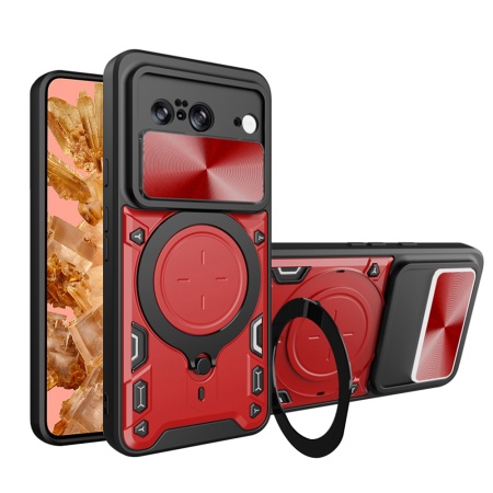Husa pentru Google Pixel 8, SKYDDAR INNOVATION, CamGuard Pro, Inel Magnetic, Protectie Camera, set cu sticker, Rosu