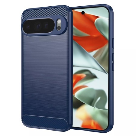 Husa pentru Google Pixel 9 Pro XL, SKYDDAR INNOVATION, Carbon Silicone, din Silicon Slim, cu textura Fibra Carbon, set cu sticker, Albastru