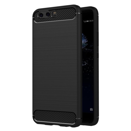 Husa pentru Huawei P10 Plus, SKYDDAR INNOVATION, Carbon Silicone, din Silicon Slim, cu textura Fibra Carbon, set cu sticker, Negru