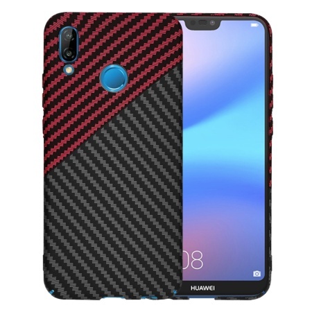 Husa pentru Huawei P20 Lite, SKYDDAR INNOVATION, textura carbon, Carbonite FiberShell, set cu sticker, Rosu inchis,