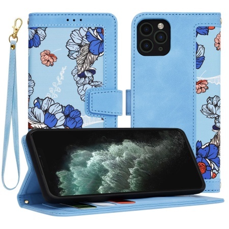 Husa pentru iPhone 11 Pro Max, SKYDDAR INNOVATION, Flipcraft din Piele Ecologică, Stand Integrat, Buzunare pentru Carduri, set cu sticker, Bleu