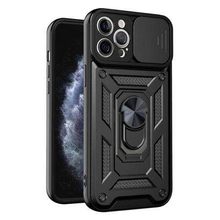 Husa pentru iPhone 11 Pro, SKYDDAR INNOVATION, CamShield, Inel magnetic, set cu sticker, Negru