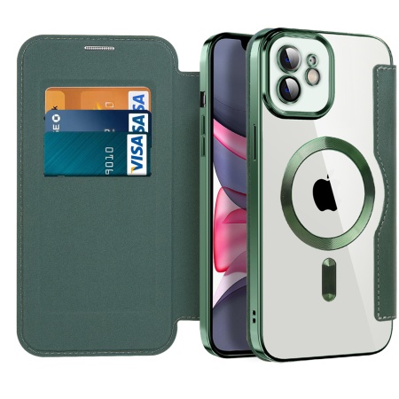 Husa pentru iPhone 11 tip carte, SKYDDAR INOVATION, SmartMag Book, Magsafe, RFiD, Suport Carduri, set cu sticker, Verde