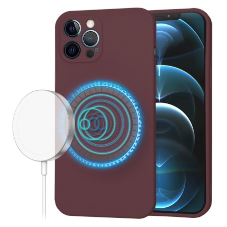 Husa pentru iPhone 12 Pro Max, SKYDDAR INNOVATION, din Silicon Catifelat, SoftFlex Magsafe, set cu sticker, Bordo