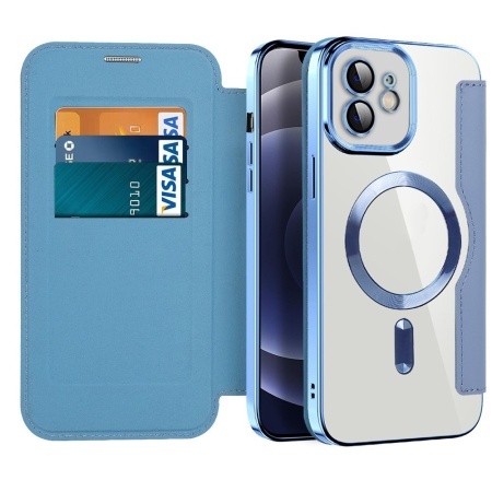 Husa pentru iPhone 12 tip carte, SKYDDAR INOVATION, SmartMag Book, Magsafe, RFiD, Suport Carduri, set cu sticker, Bleu