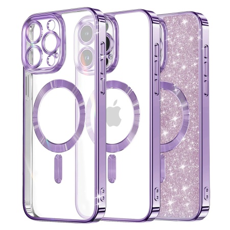 Husa pentru iPhone 13 Pro, SKYDDAR INNOVATION, Luxury Glitter Magsafe, Antisoc, Fundal Detasabil 2-in-1, Protectie Superioara, Margini Ridicate, Mov deschis, set cu sticker