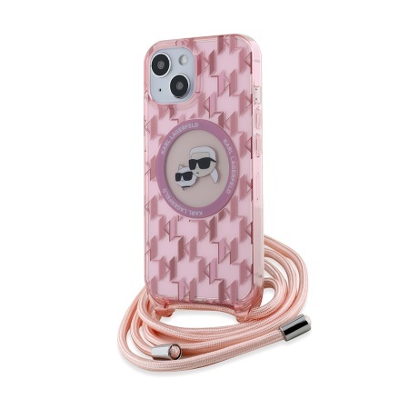 Husa pentru iPhone 15, Karl Lagerfeld, IML Crossbody MagSafe, Pink Mono Karl&Choupette Head