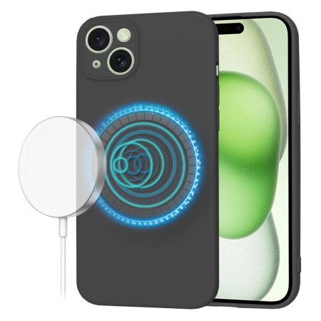 Husa pentru iPhone 15 Plus, SKYDDAR INNOVATION, din Silicon Catifelat, SoftFlex Magsafe, Negru, set cu sticker