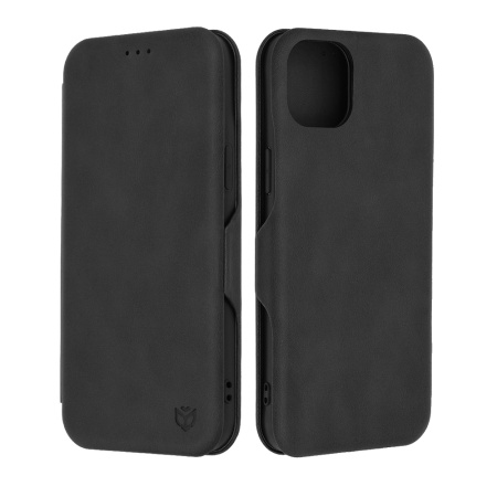 Husa pentru iPhone 15 Plus, SKYDDAR INNOVATION, Safe Wallet tip carte din Piele Ecologica, Suport Carduri, Inchidere Magnetica, Negru, set cu sticker