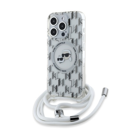 Husa pentru iPhone 15 Pro Max, Karl Lagerfeld, IML Crossbody MagSafe, Clear Monogram Karl&Choupette Head