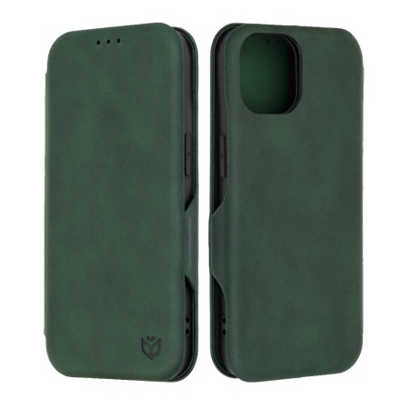 Husa pentru iPhone 15, SKYDDAR INNOVATION, Safe Wallet tip carte din Piele Ecologica, Suport Carduri, Inchidere Magnetica, Verde, set cu sticker