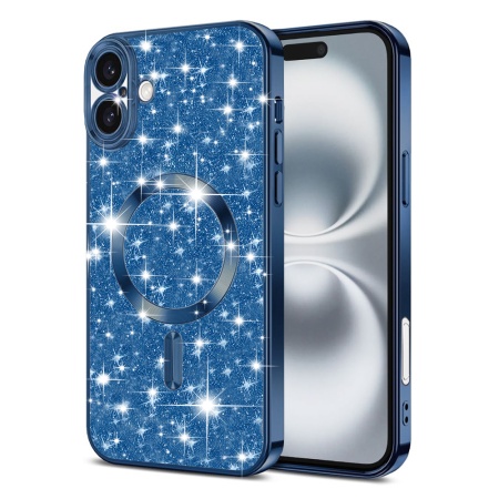 Husa pentru iPhone 16, SKYDDAR INNOVATION, Luxury Glitter Magsafe, Antisoc, Fundal Detasabil 2-in-1, Protectie Superioara, Margini Ridicate, Albastru, set cu sticker