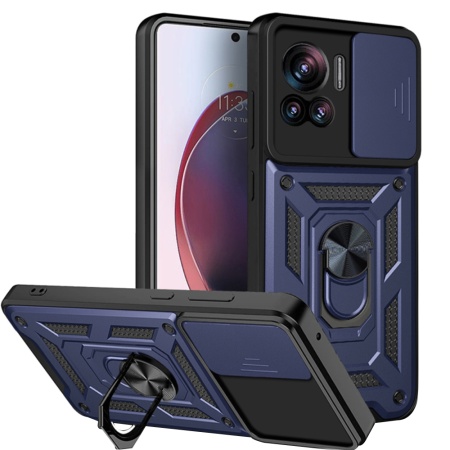 Husa pentru Motorola Edge 30 Ultra, SKYDDAR INNOVATION, CamShield, Inel magnetic, set cu sticker, Albastru