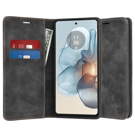 Husa pentru Motorola Moto G24 Power, SKYDDAR INNOVATION, Soft Wallet, tip Carte din piele Eco Premium, cu Portofel Interior, Negru, set cu sticker