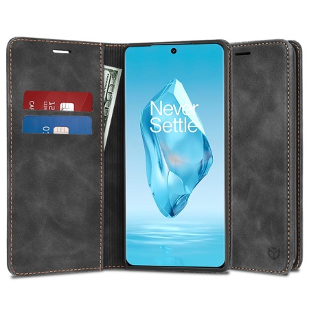 Husa pentru OnePlus 12R, SKYDDAR INNOVATION, Soft Wallet, tip Carte din piele Eco Premium, cu Portofel Interior, Negru, set cu sticker