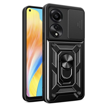 Husa pentru Oppo A78 4G, SKYDDAR INNOVATION, CamShield, Inel magnetic, set cu sticker, Negru