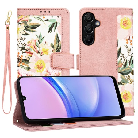 Husa pentru Samsung Galaxy A15 4G / Galaxy A15 5G, SKYDDAR INNOVATION, Floral Wallet, din Piele Ecologică cu Design Floral, Protecție 360°, Stand Integrat, Buzunare pentru Carduri, Roz, set cu sticker