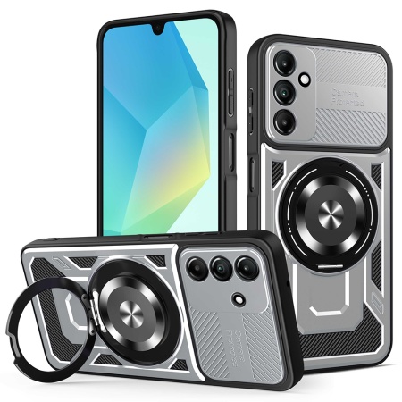 Husa pentru Samsung Galaxy A16 4G / Galaxy A16 5G, SKYDDAR INNOVATION, RuggedCam, Inel magnetic antisoc, set cu sticker, Gri