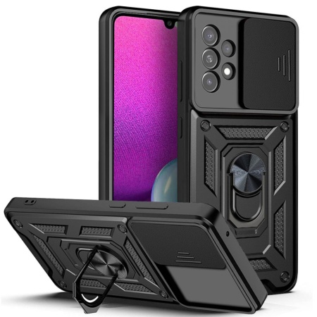 Husa pentru Samsung Galaxy A33 5G, SKYDDAR INNOVATION, CamShield, Inel magnetic, set cu sticker, Negru
