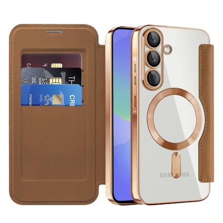Husa pentru Samsung Galaxy A36 5G tip carte, SKYDDAR INOVATION, SmartMag Book, Magsafe, RFiD, Suport Carduri, set cu sticker, Maro
