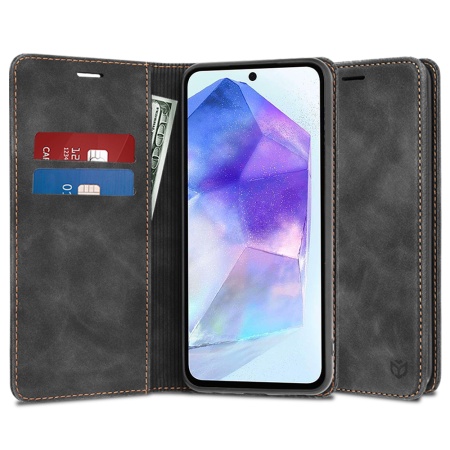 Husa pentru Samsung Galaxy A55 5G, SKYDDAR INNOVATION, Soft Wallet, tip Carte din piele Eco Premium, cu Portofel Interior, Negru, set cu sticker