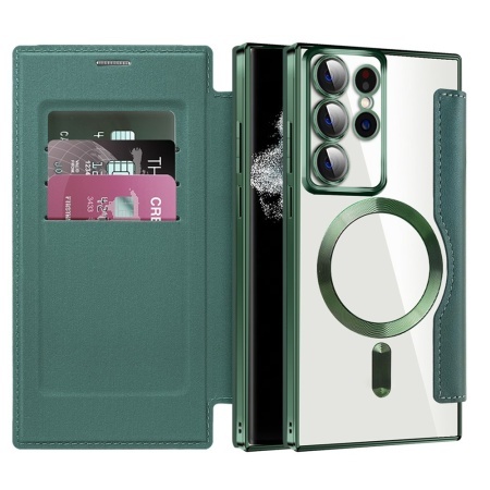 Husa pentru Samsung Galaxy S22 Ultra 5G tip carte, SKYDDAR INOVATION, SmartMag Book, Magsafe, RFiD, Suport Carduri, set cu sticker, Verde