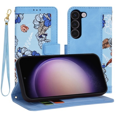 Husa pentru Samsung Galaxy S23, SKYDDAR INNOVATION, Flipcraft din Piele Ecologică, Stand Integrat, Buzunare pentru Carduri, set cu sticker, Bleu