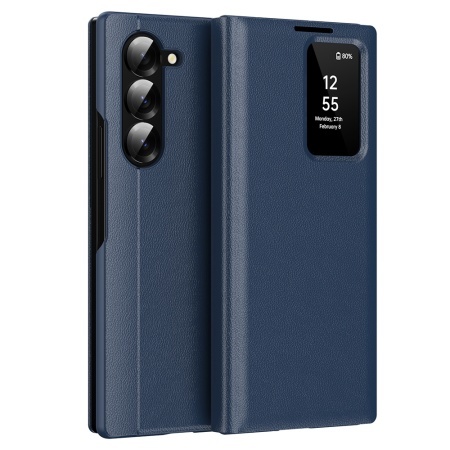 Husa pentru Samsung Galaxy Z Fold5 tip carte, Skyddar, cu portofel si SmartView, Premium, set cu sticker, Albastru