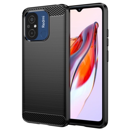 Husa pentru Xiaomi Redmi 12C, SKYDDAR INNOVATION, Carbon Silicone, din Silicon Slim, cu textura Fibra Carbon, set cu sticker, Negru
