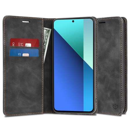 Husa pentru Xiaomi Redmi Note 13 4G, SKYDDAR INNOVATION, Soft Wallet, tip Carte din piele Eco Premium, cu Portofel Interior, Negru, set cu sticker