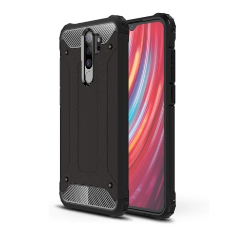 Husa pentru Xiaomi Redmi Note 8 Pro, SKYDDAR INNOVATION, Hybrid Armor, din Plastic Dur, Margini Cauciucate, Antisoc, set cu sticker, Negru