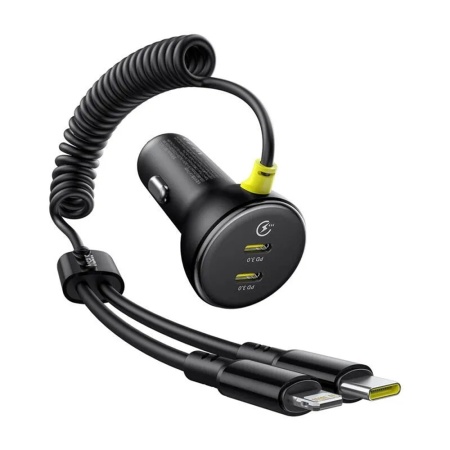 Incarcator Auto Fast Charge 2x Type-C, Cablu arcuit cu Type-C si Lightning, 60W, 3A, 1.4m, Baseus C00035902121, Negru