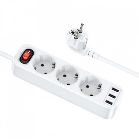 Prelungitor triplu 2.4A, 3x USB, 1.8m, HOCO (NS2) - Alb