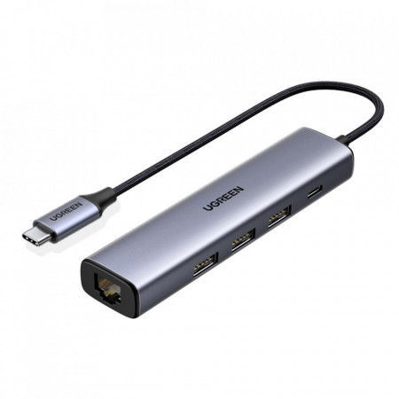 HUB Type-C la 3x USB-A, Gigabit Hub convertor cu PD 100w, Ugreen (20932) - Gri