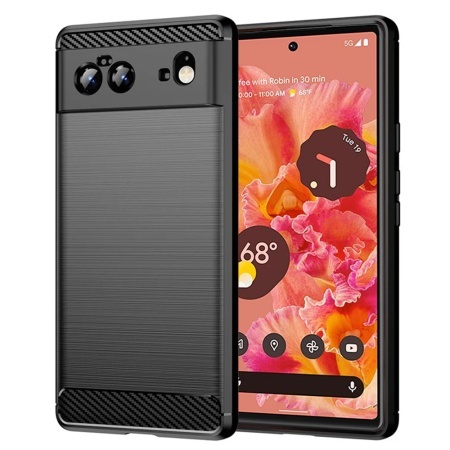 Husa pentru Google Pixel 6, SKYDDAR INNOVATION, Carbon Silicone, din Silicon Slim, cu textura Fibra Carbon, set cu sticker, Negru