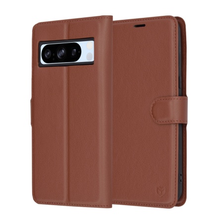 Husa pentru Google Pixel 8 Pro, SKYDDAR INNOVATION, Leather Folio tip Carte, cu Portofel Interior, Finisaje Premium, set cu sticker, Maro
