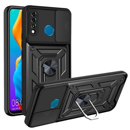 Husa pentru Huawei P30 Lite / P30 Lite New Edition, SKYDDAR INNOVATION, CamShield, Inel magnetic, set cu sticker, Negru