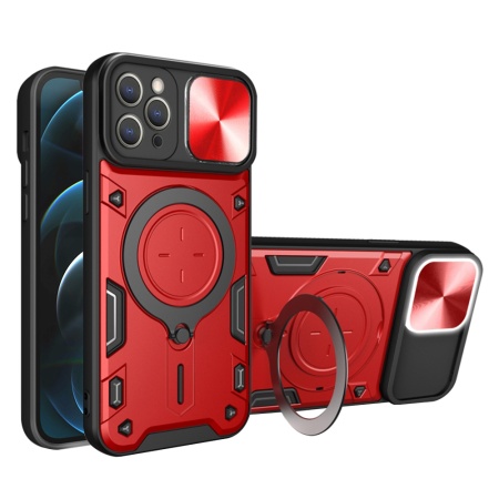 Husa pentru iPhone 12 Pro Max, SKYDDAR INNOVATION, CamGuard Pro, Inel Magnetic, Protectie Camera, Rosu, set cu sticker