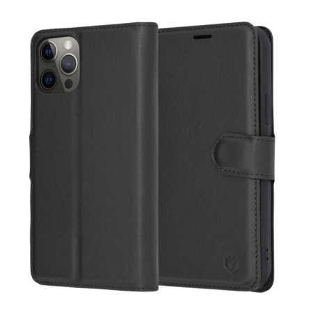 Husa pentru iPhone 12 Pro, SKYDDAR INNOVATION, Leather Folio tip Carte, cu Portofel Interior, Finisaje Premium, set cu sticker, Negru