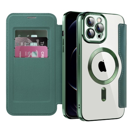 Husa pentru iPhone 12 Pro tip carte, SKYDDAR INOVATION, SmartMag Book, Magsafe, RFiD, Suport Carduri, set cu sticker, Verde