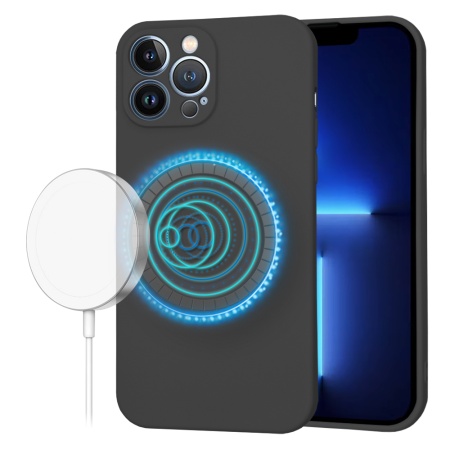 Husa pentru iPhone 13 Pro Max, SKYDDAR INNOVATION, din Silicon Catifelat, SoftFlex Magsafe, Negru, set cu sticker