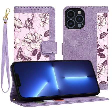 Husa pentru iPhone 13 Pro Max, SKYDDAR INNOVATION, Flipcraft din Piele Ecologică, Stand Integrat, Buzunare pentru Carduri, set cu sticker, Mov