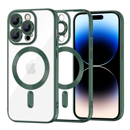 Husa pentru iPhone 14 Pro, SKYDDAR INNOVATION, Luxury Shield Magsafe, Protectie Antisoc, Verde inchis, set cu sticker