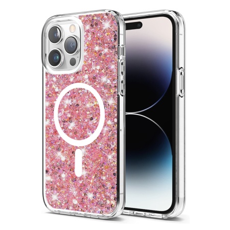 Husa pentru iPhone 14 Pro, SKYDDAR INNOVATION, SparkleCase, din Silicon cu Sclipici, Protectie Completa, Roz, set cu sticker